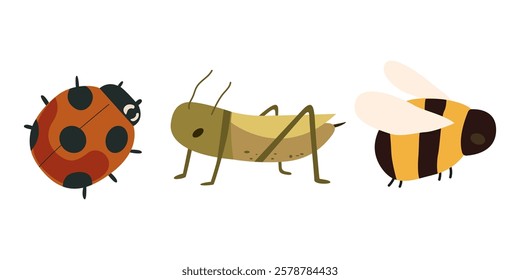 Spring cartoon insects. Vector Ladybug, jumping grasshopper, bumblebee. Colorful insects sticker 