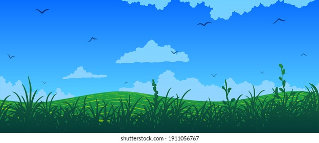 Spring cartoon landscape. green meadow grass with flowers.