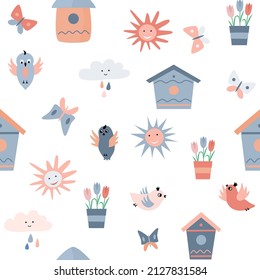 Dibujo primaveral con birdies, flores, nubes. Ilustración del vector 