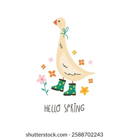 Spring cartoon print with cute goose in rubber boots, flowers and lettering Hello Spring. Happy Easter print in flat style. Isolated on white background. Good for posters, t shirts, postcards.