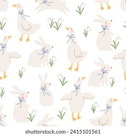 Spring cartoon seamless pattern with cute bunny and goose. Happy Easter print in flat style and pastel colors