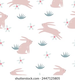 Spring cartoon seamless pattern with cute bunny. Happy Easter print in flat style and pastel colors