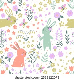 Spring cartoon seamless pattern with cute bunny.  Rabbits and flowers. Happy Easter print in flat style. Pastel farm animal seamless print. For baby fabric.