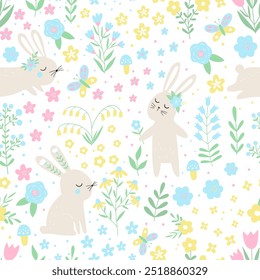 Spring cartoon seamless pattern with cute bunny. Rabbits and flowers. Happy Easter print in flat style. Pastel farm animal seamless print. For baby fabric.