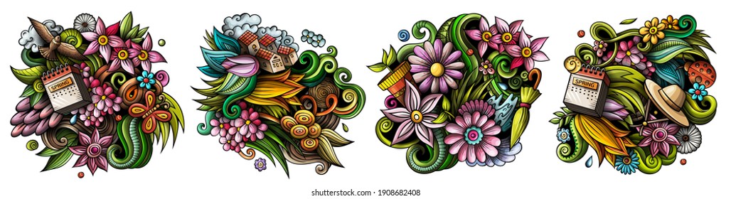 Spring cartoon vector doodle designs set. Colorful detailed compositions with lot of seasonal objects and symbols. Isolated on white illustrations