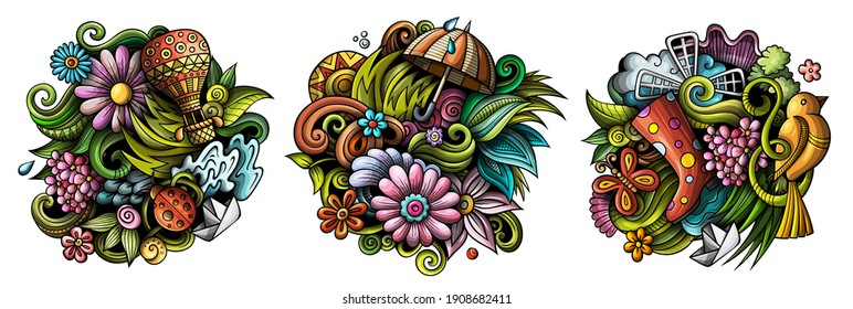 Spring cartoon vector doodle designs set. Colorful detailed compositions with lot of seasonal objects and symbols. Isolated on white illustrations