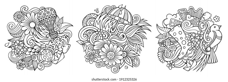 Spring cartoon vector doodle designs set. Sketchy detailed compositions with lot of seasonal objects and symbols. Isolated on white illustrations