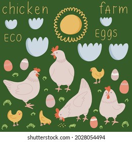 Spring Cartoon Vector illustration with chicken, sun and clouds. Chicken set
