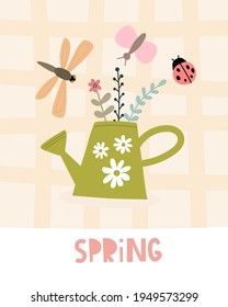 spring. Cartoon watering can, insects, dragonfly, butterfly, ladybug, hand drawing lettering, decoration elements. colorful spring vector illustration, flat style. design for print, card, poster decor