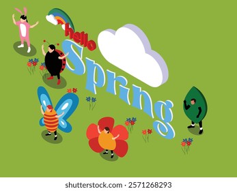 Spring Celebration with Costumed Characters and Nature Elements 3d isometric vector illustration