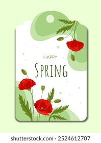 Spring celebration label. Red flowers, bloom and blossom plants. Discounts and promotions, special offer. Graphic element for website. Flat vector illustration isolated on green background