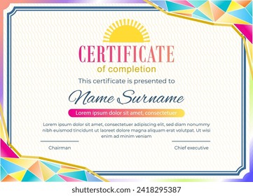 Spring certificate blank. Colorful triangles in corners of blank. Thin simple frame and sign of Sun vector illustration.