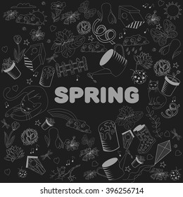 Spring chalk line art design vector illustration. Separate objects. Hand drawn doodle design elements.