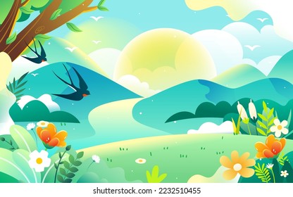 Spring characters are traveling outside, the background is various forest trees and mountains in the distance, vector illustration