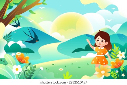 Spring characters are traveling outside, the background is various forest trees and mountains in the distance, vector illustration