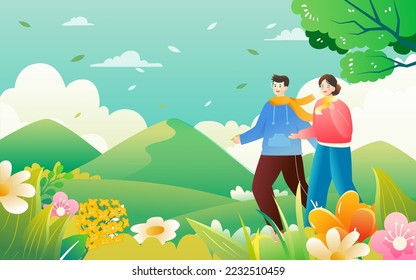 Spring characters are traveling outside, the background is various forest trees and mountains in the distance, vector illustration