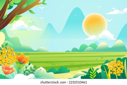 Spring characters are traveling outside, the background is various forest trees and mountains in the distance, vector illustration