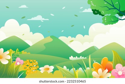 Spring characters are traveling outside, the background is various forest trees and mountains in the distance, vector illustration