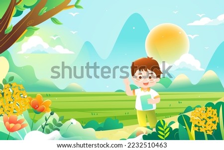 Spring characters are traveling outside, the background is various forest trees and mountains in the distance, vector illustration