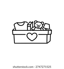 Spring charity donation box line art spring black and white vector with toys clothes and heart icon