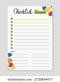 Spring Checklist com padrão de flores coloridas. Modelo para impressão, planejador, diário, compras, organizador, lista de tarefas pendentes, anotações.