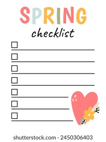 Lista de comprobación de primavera. Organizador y horario con lugar para Notas. Plantilla del planificador. Se puede utilizar para el planificador, libro de recortes, hojas, bloc de notas. Ilustración vectorial.