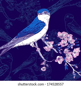 Spring cherry background with birds