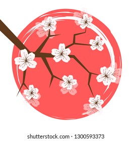 spring cherry blooming flowers white petals in a pink circle vector illustration EPS10