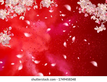 Spring Cherry blossom branches on red background