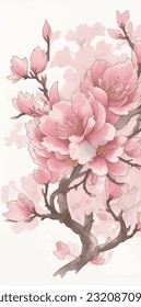 Spring Cherry Blossom, Branches Sakura Wreaths, Watercolor floral clipart.