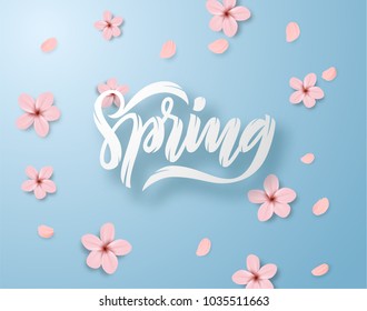 Spring cherry blossom flowers and petals trendy flat lay vector background.