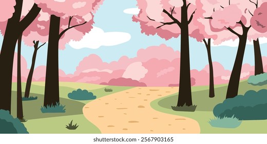 Spring cherry blossom forest landscape, blossoming sakura trees, and bushes with a route. Vector illustration