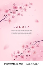 Spring cherry blossom greeting card. Vector illustration of realistic blossoming sakura flowers. Floral background for poster, cover, booklet, wedding invitation