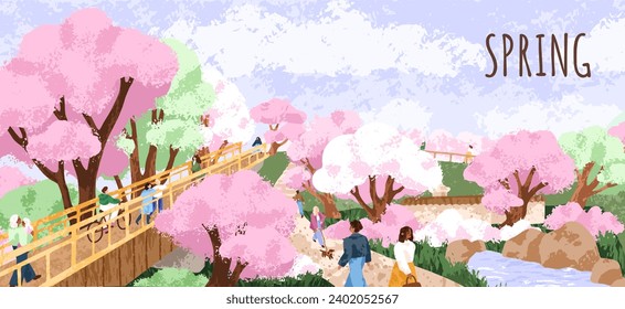 Spring cherry blossom. Japan park landscape background. Blooming floral trees, lush pink flowers, sakura in nature. People walking, Japanese Hanami season holiday, springtime. Flat vector illustration