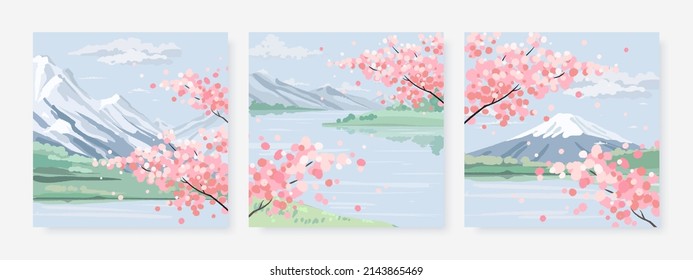 Spring cherry blossom landscape background. Hand drawn card, poster, banner or cover design template with blossoming sakura flowers