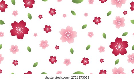 Patrón de flor de cerezo de primavera con flores de sakura rosa y hojas verdes