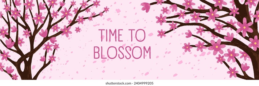 Spring cherry blossom, pink banner. Sakura flowers, trees, Japan nature background. Japanese hanami, floral plants with gentle delicate blooms, flora, springtime season. Flat vector illustration