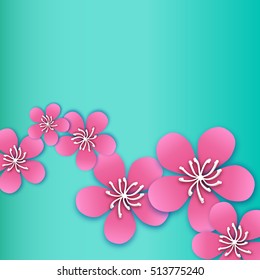 Spring Cherry blossom. Pink beautiful sakura with papercraft flowers.