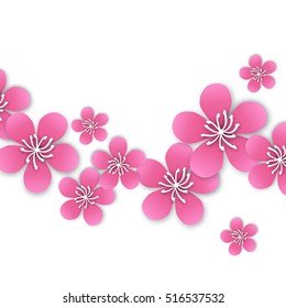 Spring Cherry blossom. Pink beautiful sakura with papercraft flowers.