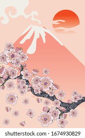 Spring cherry blossom, Sakura branch and volcano, vintage background.