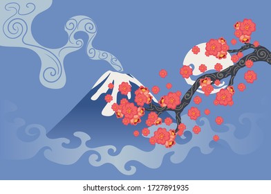 Spring cherry blossom, Sakura branch and volcano, vintage background.