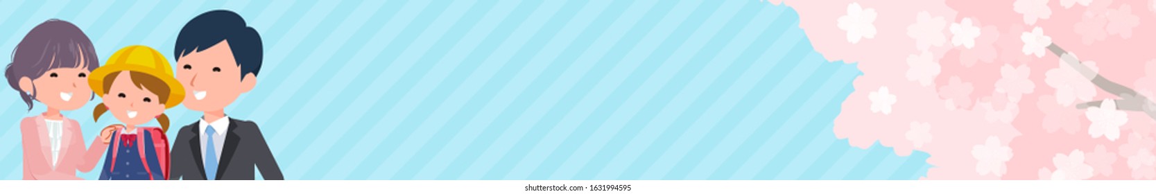 Spring cherry blossom scenery and parent and child are smiling.It's vector art so it's easy to edit.Image ratio 320:50 mobile banner size.