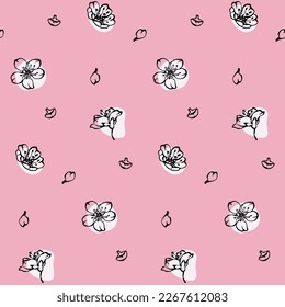 Spring cherry blossom seamless pattern with blooming branches, flowers, buds and petals outline drawing on pink background. Vector floral print design for wedding invitation, textile, wallpapers