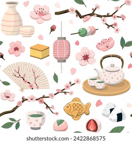 Spring Cherry Blossom Viewing Picnic seamless pattern. Isolated on white background. Seasonal festive graphics