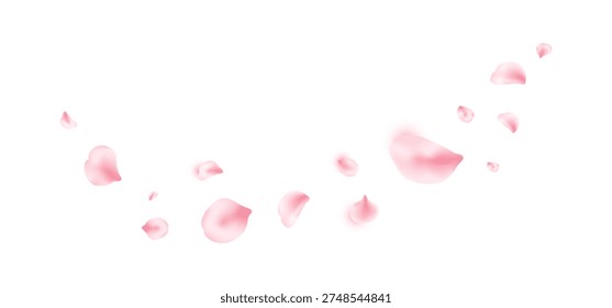 Spring cherry blossom wave. Sakura petal flying composition. Japan flower banner. Cosmetic beauty product. Natural decoration. Spa pink rose bg. Valentine romantic card. Vector illustration.