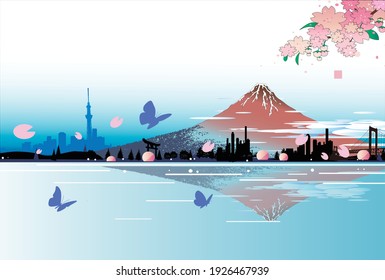 Spring, Cherry Blossoms, Butterflies and Cityscape of Mt.fuji