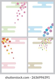 Spring cherry blossoms, summer morning glories, autumn maple leaves, New Year's decorations. Japanese-style four seasons background material.
