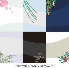 Spring cherry blossoms, summer morning glories, autumn maple leaves, New Year's decorations. Japanese-style four seasons background material.