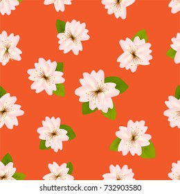 Spring cherry blossoms. Seamless pattern with Japanese sakura. Pink flowers on orange background. Romantic Vector illustration.
