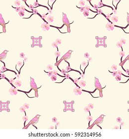 Spring cherry sakura or peach flowers and birds seamless pattern.